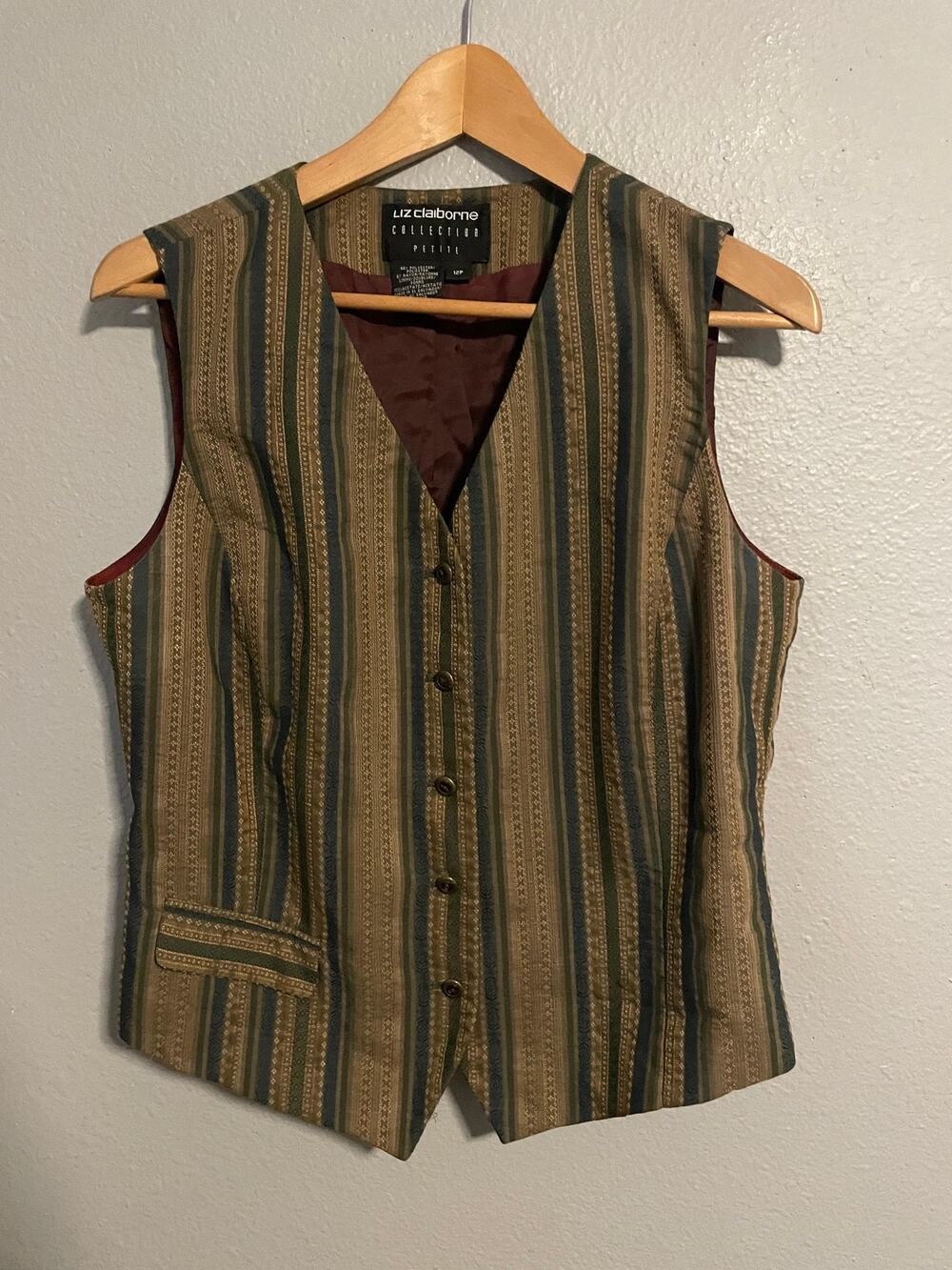 Vintage Liz Claiborne Vest Womens 12P Petite Striped Belted Lined Boho 90s READ